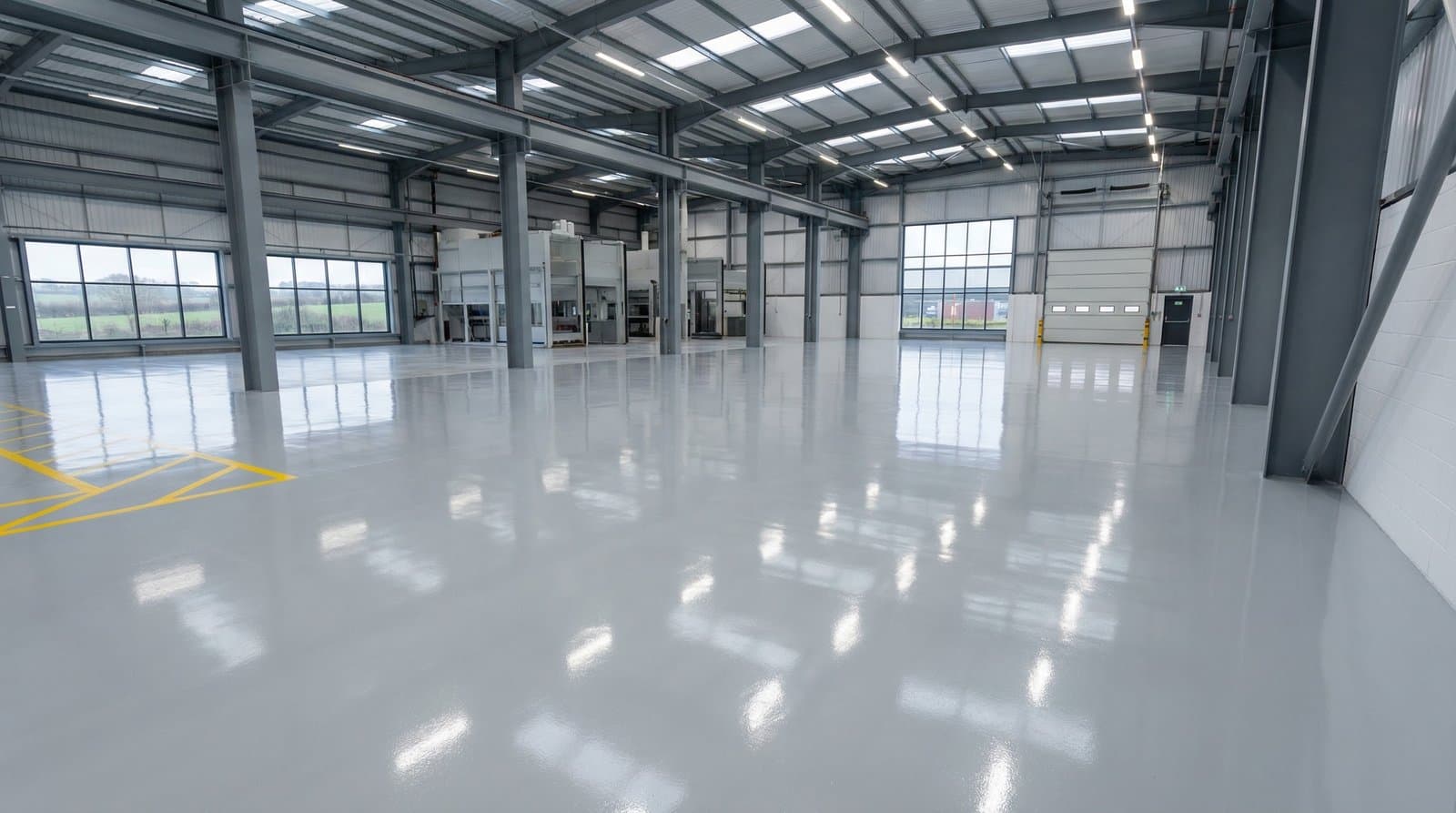 Large modern industrial warehouse with polished concrete floor and bright skylights